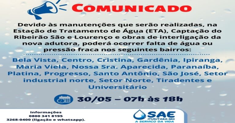 SAE realizará serviços de manutenção no próximo domingo (30)