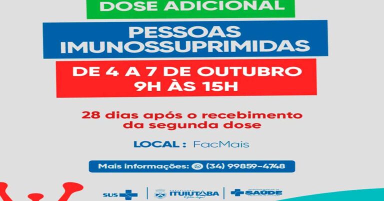 Dose adicional para pessoas imunossuprimidas será aplicada entre os dias 4 e 7 de outubro