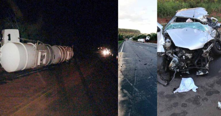 Grave acidente é registrado na tarde deste domingo (26) envolvendo carreta bitrem carregada de gasolina e um veículo de passeio. Uma pessoa morreu e outras 3 ficaram feridas