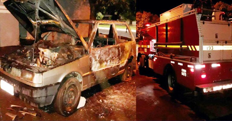 Militares do Pelotão de Bombeiros de Ituiutaba combatem incêndio em veículo no bairro Camargo. Existem suspeitas de incêndio criminoso
