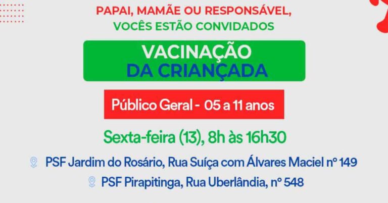 Vacinação infantil COVID-19 dessa sexta-feira(13) será no PSF Jardim do Rosário e PSF Pirapitinga