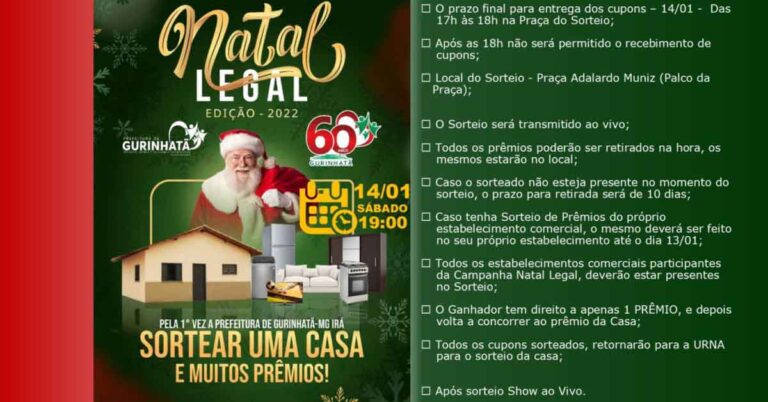 Sábado é dia de sorteio Natal Legal em Gurinhatã