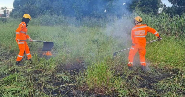 Bombeiros combatem incêndio em lote vago no bairro Morada do Sol em Ituiutaba